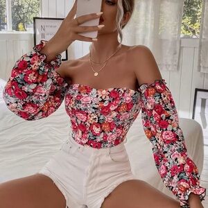 SHEIN Red Floral Off-Shoulder Blouse